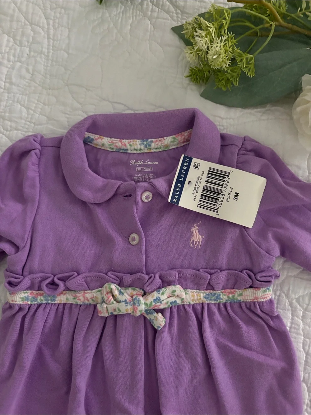 Ralph Lauren Lavender Long-Sleeve Polo One-Piece with Floral Waist Tie